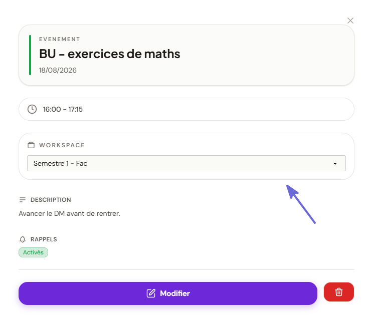 Calendrier Flowdo avec un evenement rattache a un workspace.