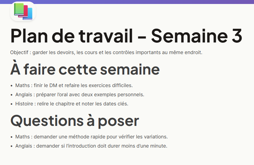 Note Flowdo intitulee Plan de travail - Semaine 3 avec un objectif et des listes courtes.