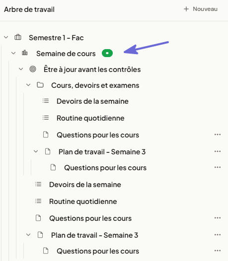 Arbre de travail Flowdo avec un workspace de semestre, un projet, des objectifs, des listes et des notes.
